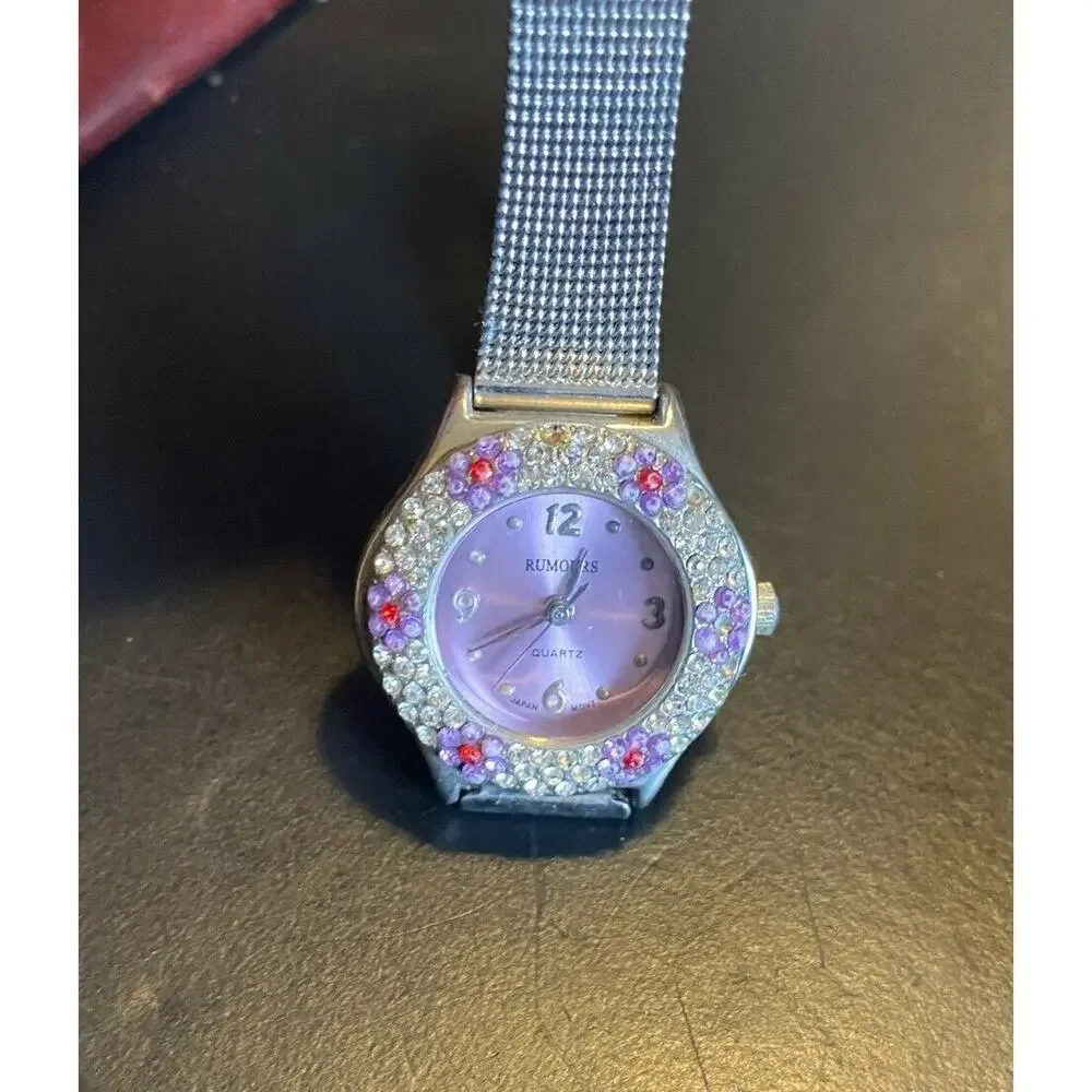 Women's Silver Tone Rumours Watch, Mesh Band, Purple Face and Crystal Accented B
